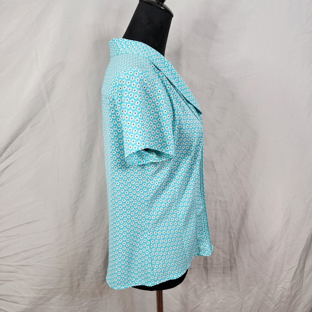 COVINGTON Size Small Turquoise Blue Ditsy Floral Pleated Shawl Collar Blouse EUC - Picture 4 of 9